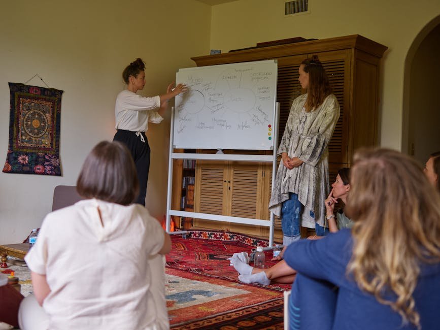 Participants engaged in a casual workshop, brainstorming on a whiteboard.